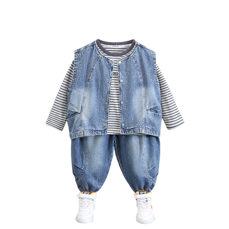 Boys 3-Piece Set Striped T-Shirt Denim Hooded Vest