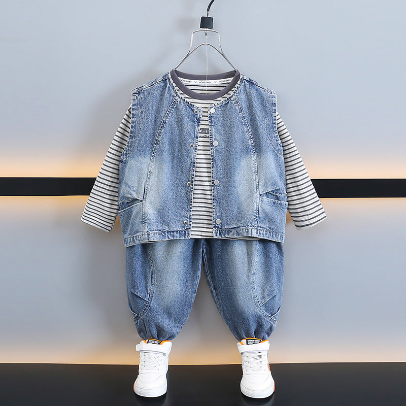 Boys 3-Piece Set Striped T-Shirt Denim Hooded Vest