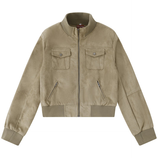 American Street Vintage Workwear Faux Suede Stand Collar Cropped Multi-Pocket Baseball Jacket for Women