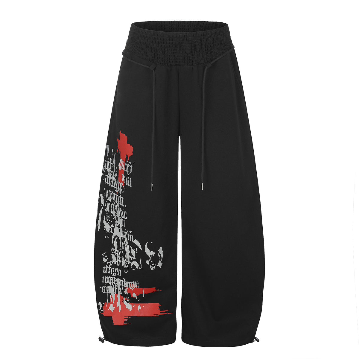 Print Wide-Leg Sweatpants, High Waist Drawstring Cuffable Unisex Long Pants