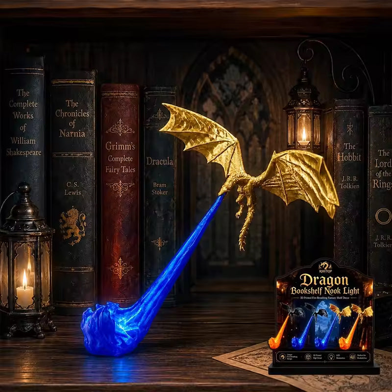3D Dragon Bookshelf Light with Fire – LED Flying Dragon Bookend, Corner Lamp, Unique Gift for Book Lovers & Halloween Decor