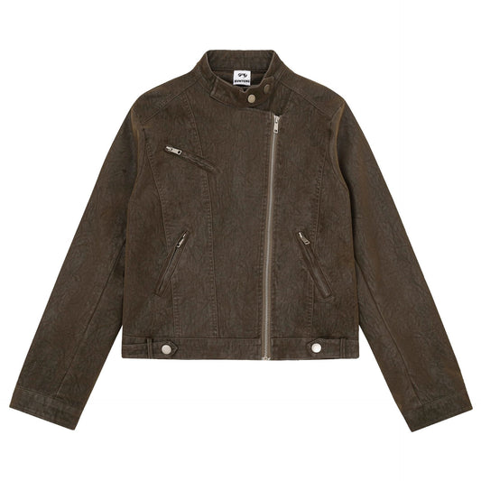Distressed Texture Leather Jacket Diagonal Zipper Stand Collar Cropped Moto Jacket