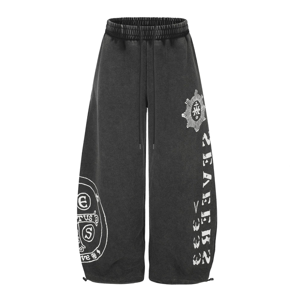 Washed Waffle Print Wide Leg Elastic Waist Drawstring Track Pants