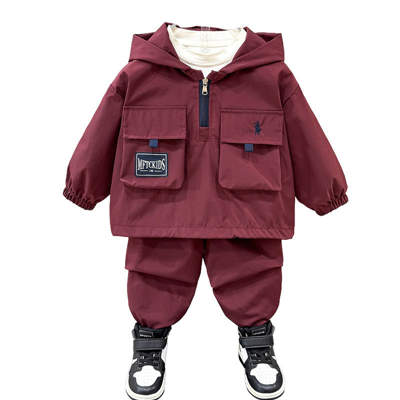 Boys' Cargo Hooded Jacket Pants Set Spring Autumn Outdoor Casual