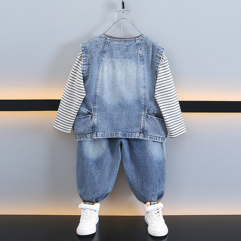 Boys 3-Piece Set Striped T-Shirt Denim Hooded Vest