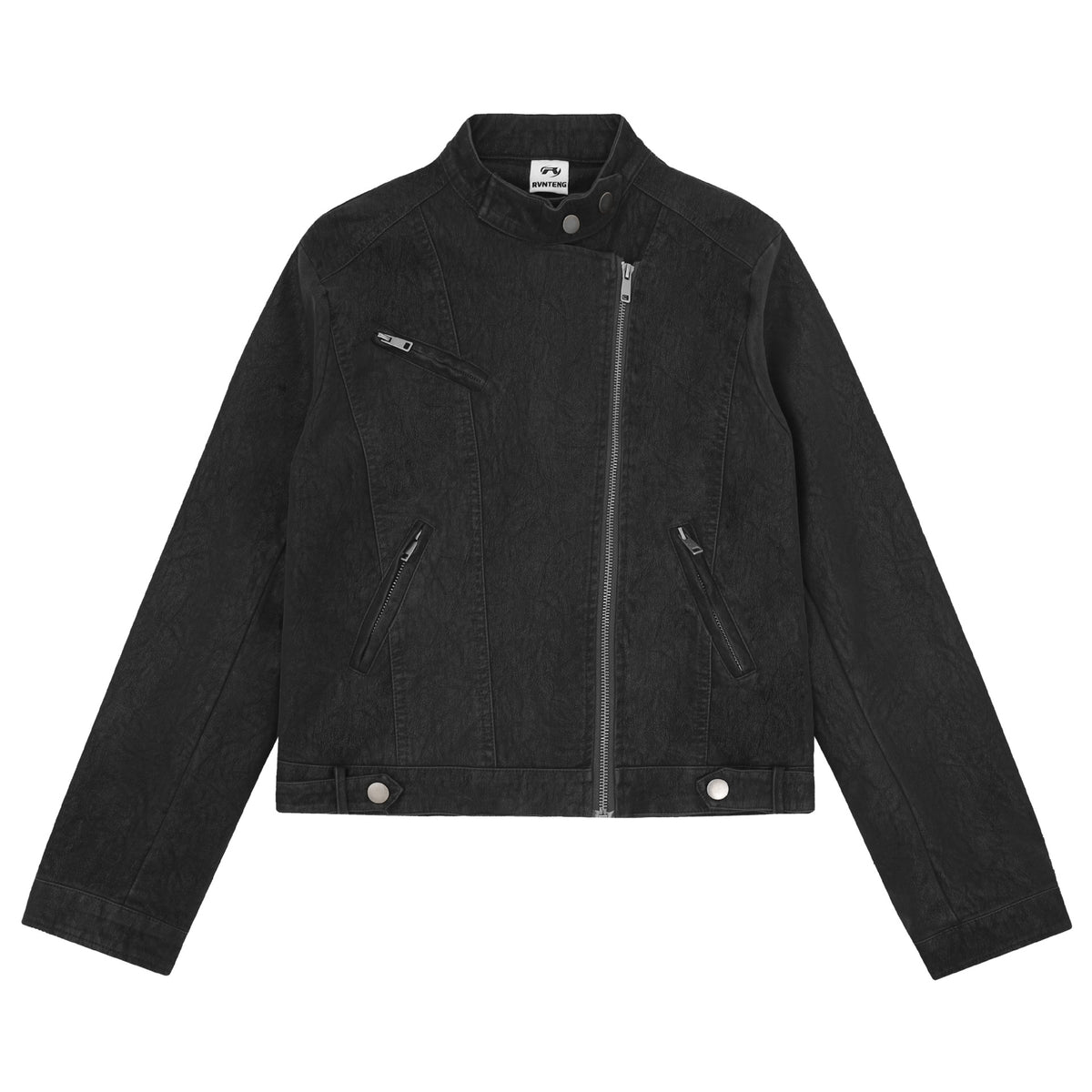 Distressed Texture Leather Jacket Diagonal Zipper Stand Collar Cropped Moto Jacket