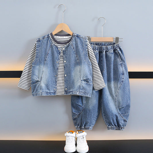 Boys 3-Piece Set Striped T-Shirt Denim Hooded Vest